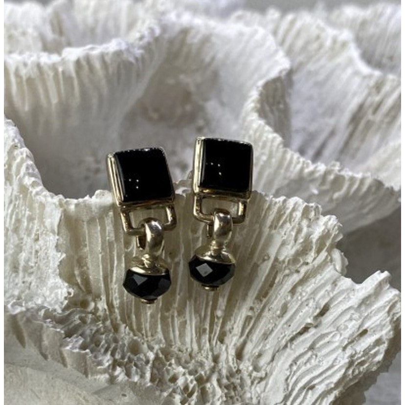Vintage 925 Sterling Silver Black Nephrite Earrings